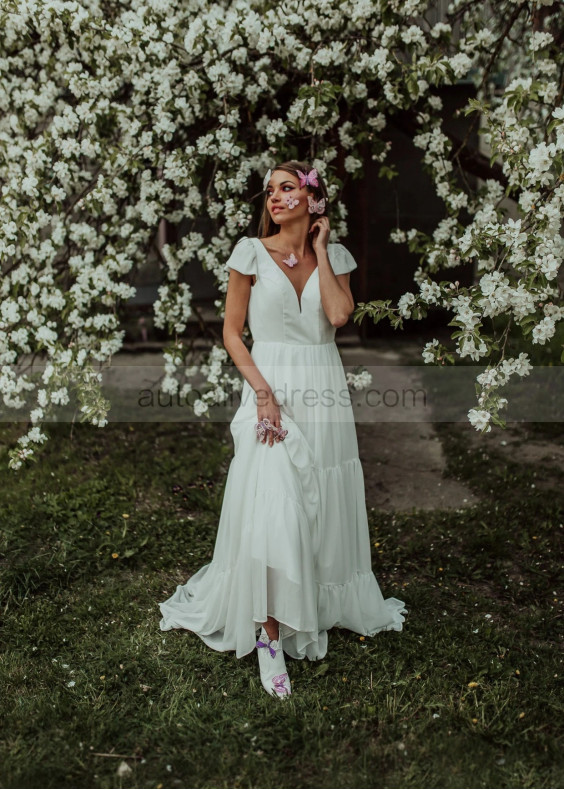 Cap Sleeves Ivory Chiffon V Back Bohemian Wedding Dress